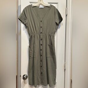 Angashion Women's Olive Green Short Sleeve V-Neck Button Midi Dress